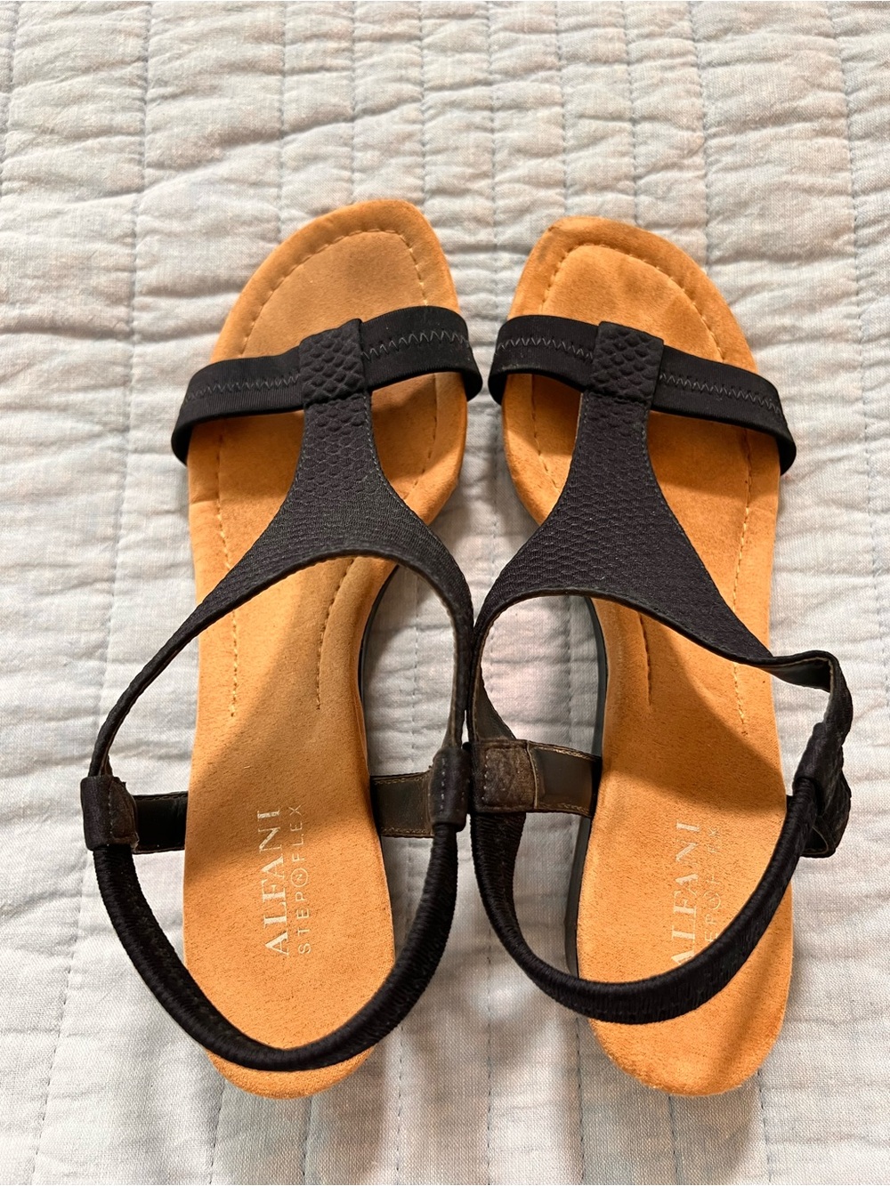 Navy T-Strap Women’s Sandals with Tan Footbed Alfani